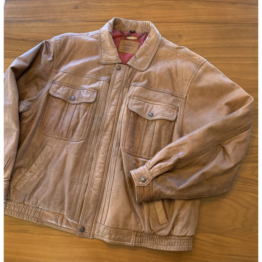 Vintage Levis Leather Aviation Bomber Jacket Mens Large Distressed Brown Korea